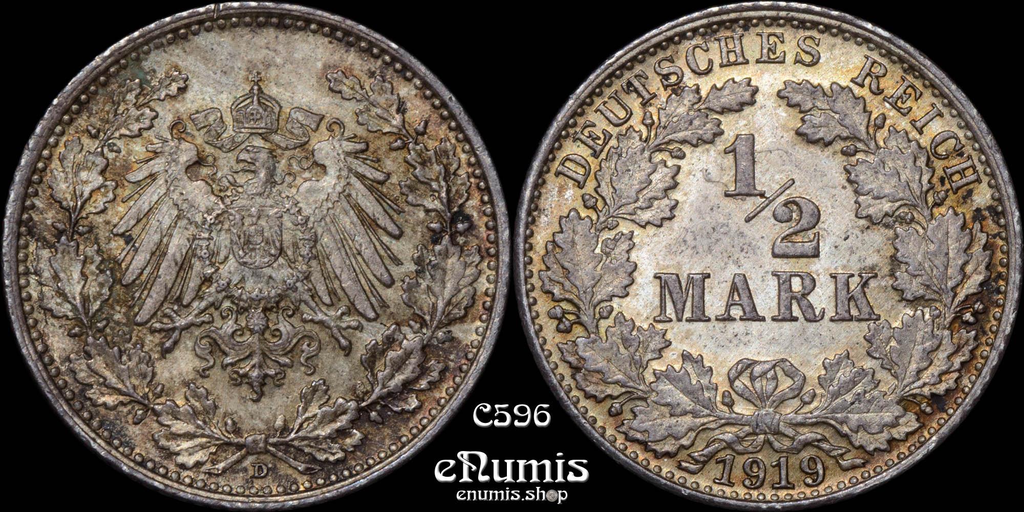 GERMAN EMPIRE, 1/2 Mark 1919 D, Munich, UNC GERMAN EMPIRE, 1/2 Mark 1919 D, Munich, UNC