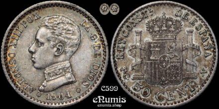 SPAIN, Alfonso XIII, 50 Centimos 1904 (1910) PC-V, nicely toned, XF-UNC