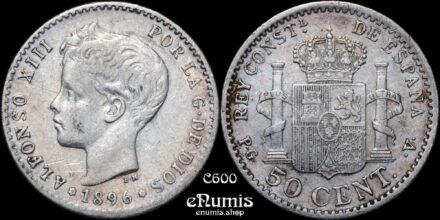 SPAIN, Alfonso XIII, 50 Centimos 1896 PG-V, rare, VF-XF