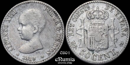 SPAIN, Alfonso XIII, 50 Centimos 1889 MP-M, VF+