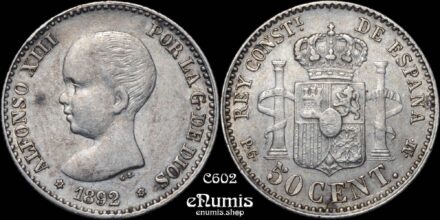 SPAIN, Alfonso XIII, 50 Centimos 1892/82 PG-M, *8/9, Rare!, aUNC