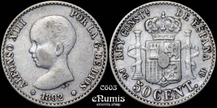 SPAIN, Alfonso XIII, 50 Centimos 1892/82 PG-M, *22, Rare!, VF+