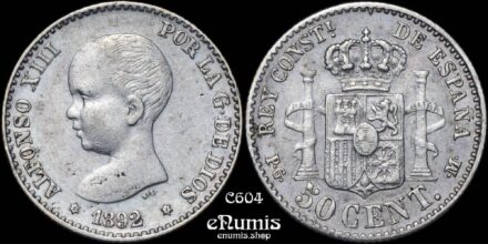 SPAIN, Alfonso XIII, 50 Centimos 1892/82 PG-M, *62, Rare!, XF+
