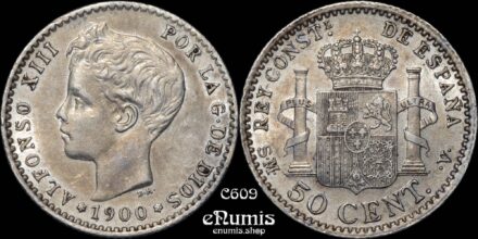 SPAIN, Alfonso XIII, 50 Centimos 1900 SM-V, UNC
