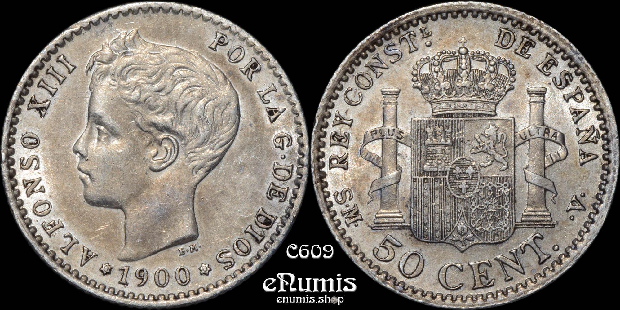 SPAIN, Alfonso XIII, 50 Centimos 1900 SM-V, UNC
