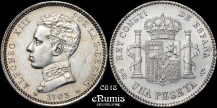 SPAIN, Alfonso XIII, 1 Peseta 1903 SM-V, UNC