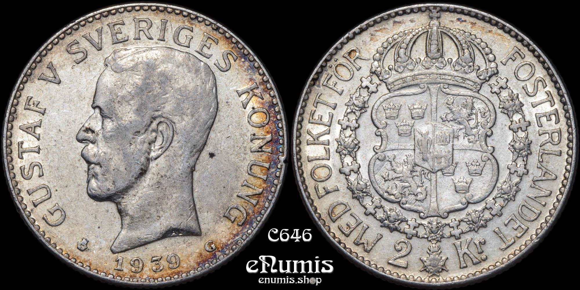 SWEDEN, Gustaf V, 2 Kronor 1939, XF-UNC