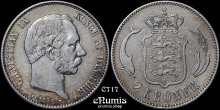 DENMARK, Christian IX, 2 Kroner 1876 HC//CS, VF-XF