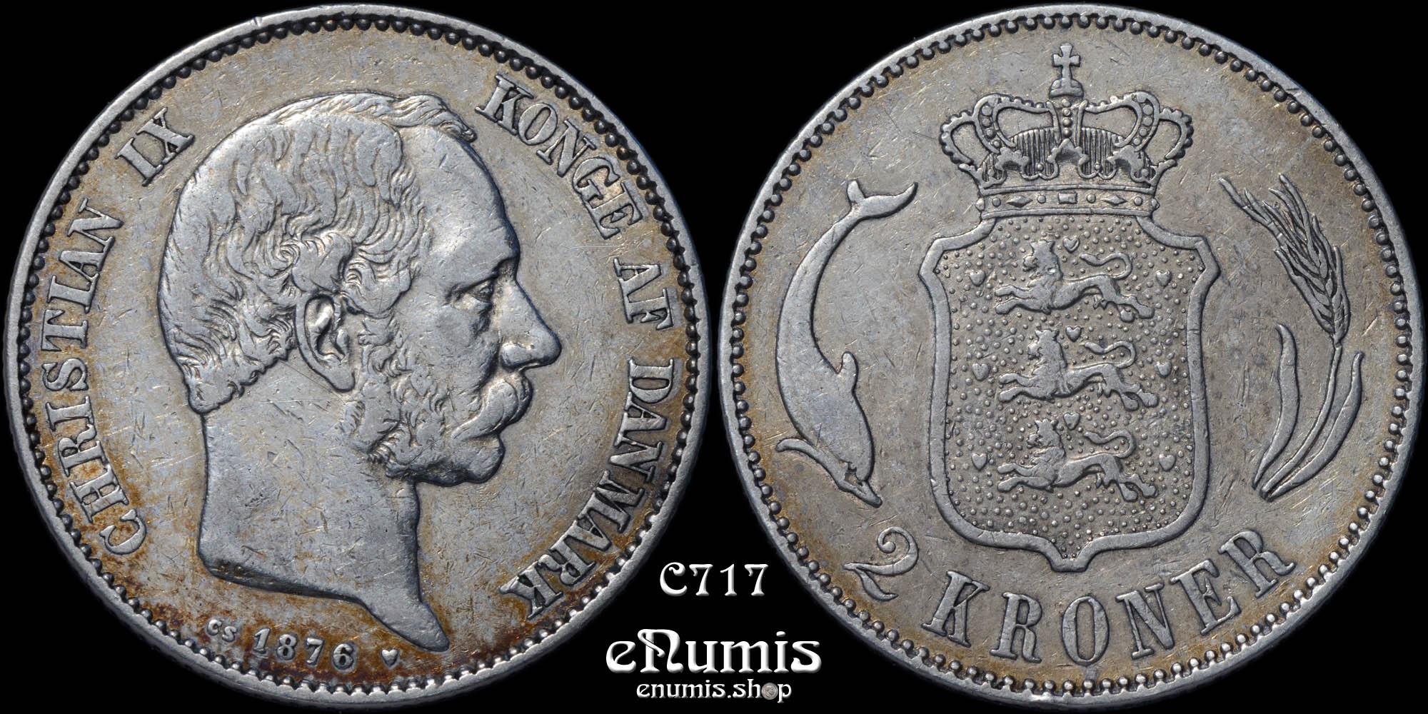 DENMARK, Christian IX, 2 Kroner 1876 HC//CS, VF-XF