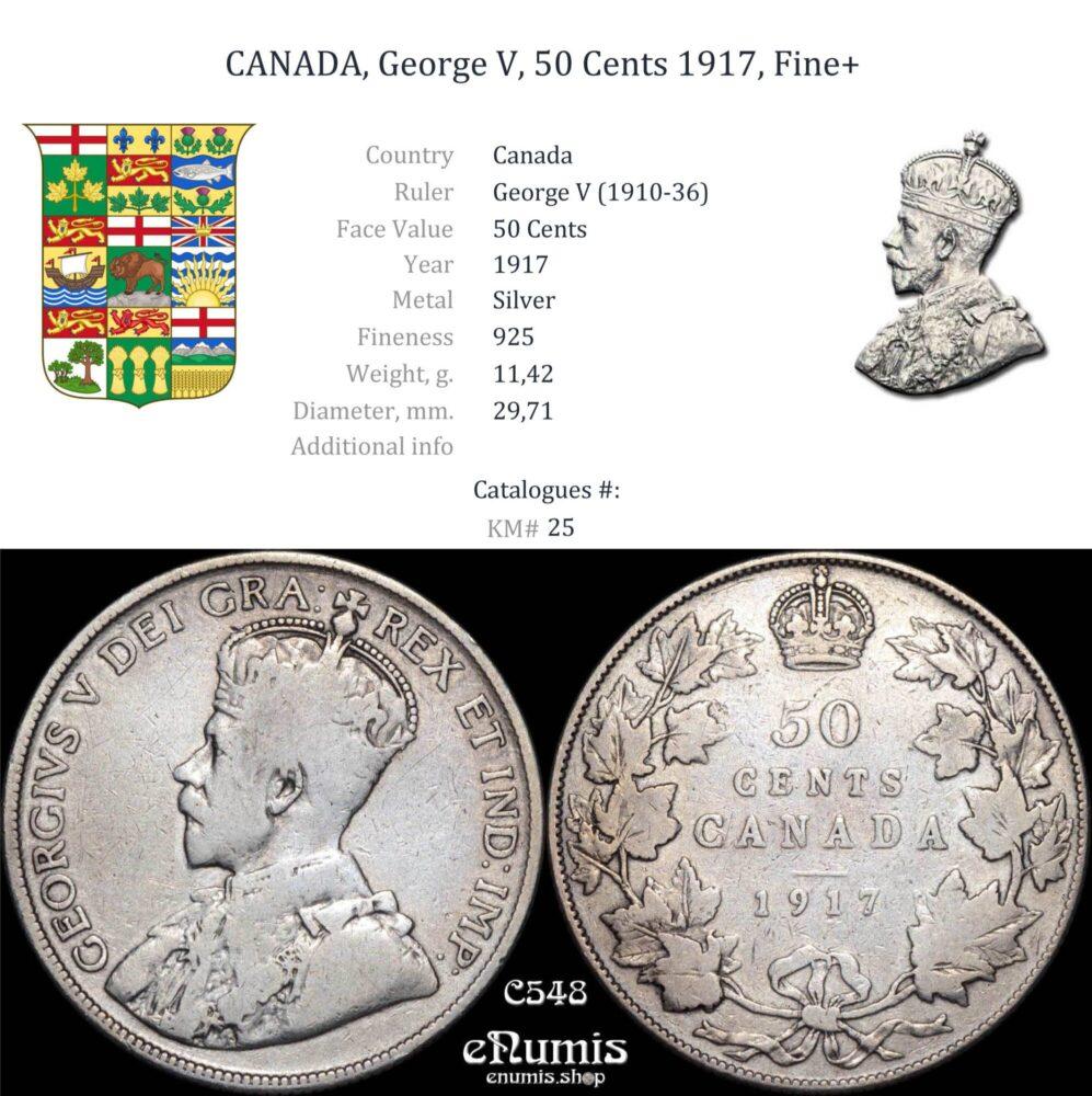 CANADA, George V, 50 Cents 1917, Fine+