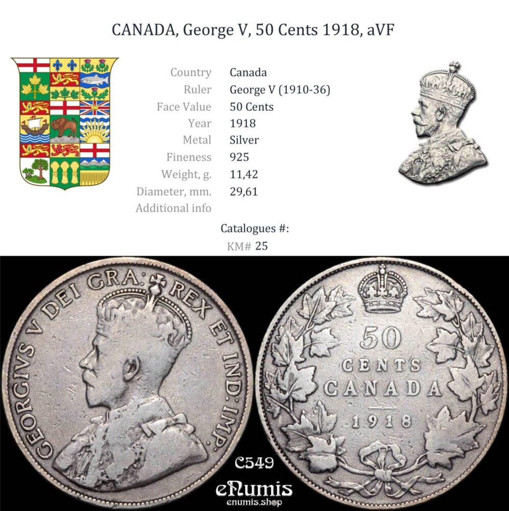 CANADA, George V, 50 Cents 1918, aVF