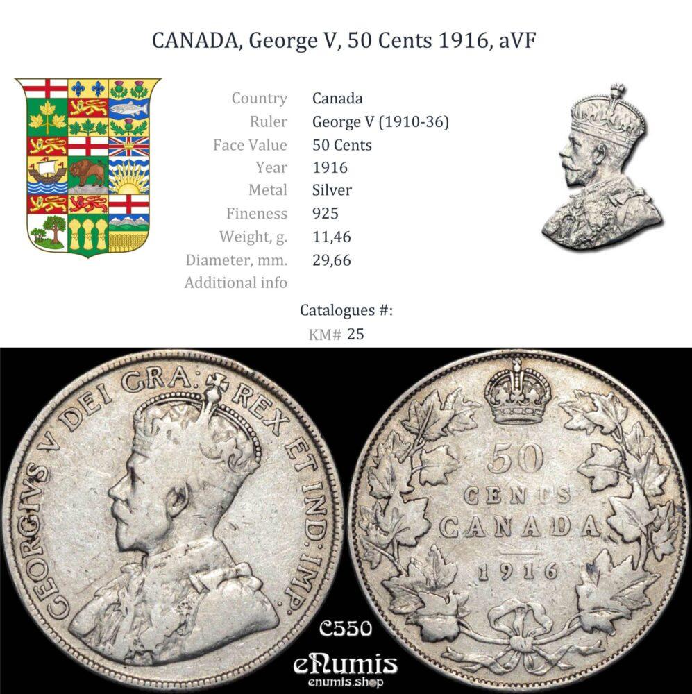 CANADA, George V, 50 Cents 1916, aVF