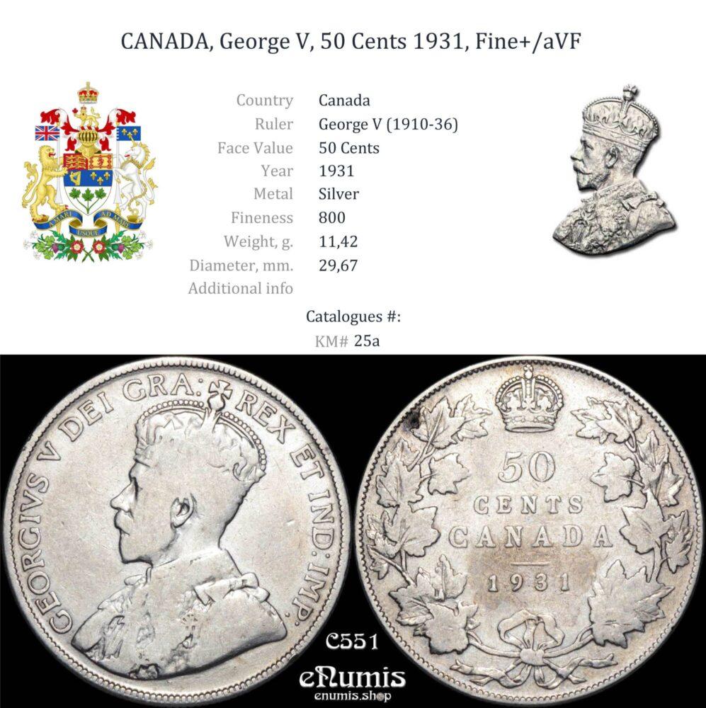 CANADA, George V, 50 Cents 1931, Fine+/aVF