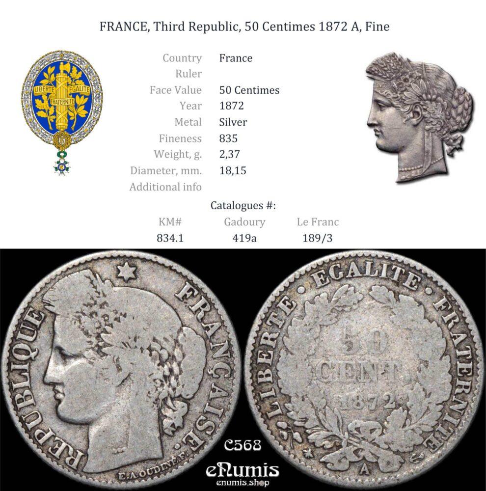 FRANCE, Third Republic, 50 Centimes 1872 A, Fine FRANCE, Third Republic, 50 Centimes 1872 A, Fine
