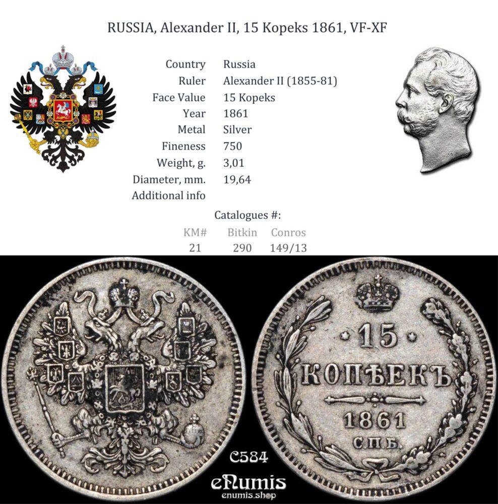 RUSSIA, Alexander II, 15 Kopeks 1861, VF-XF