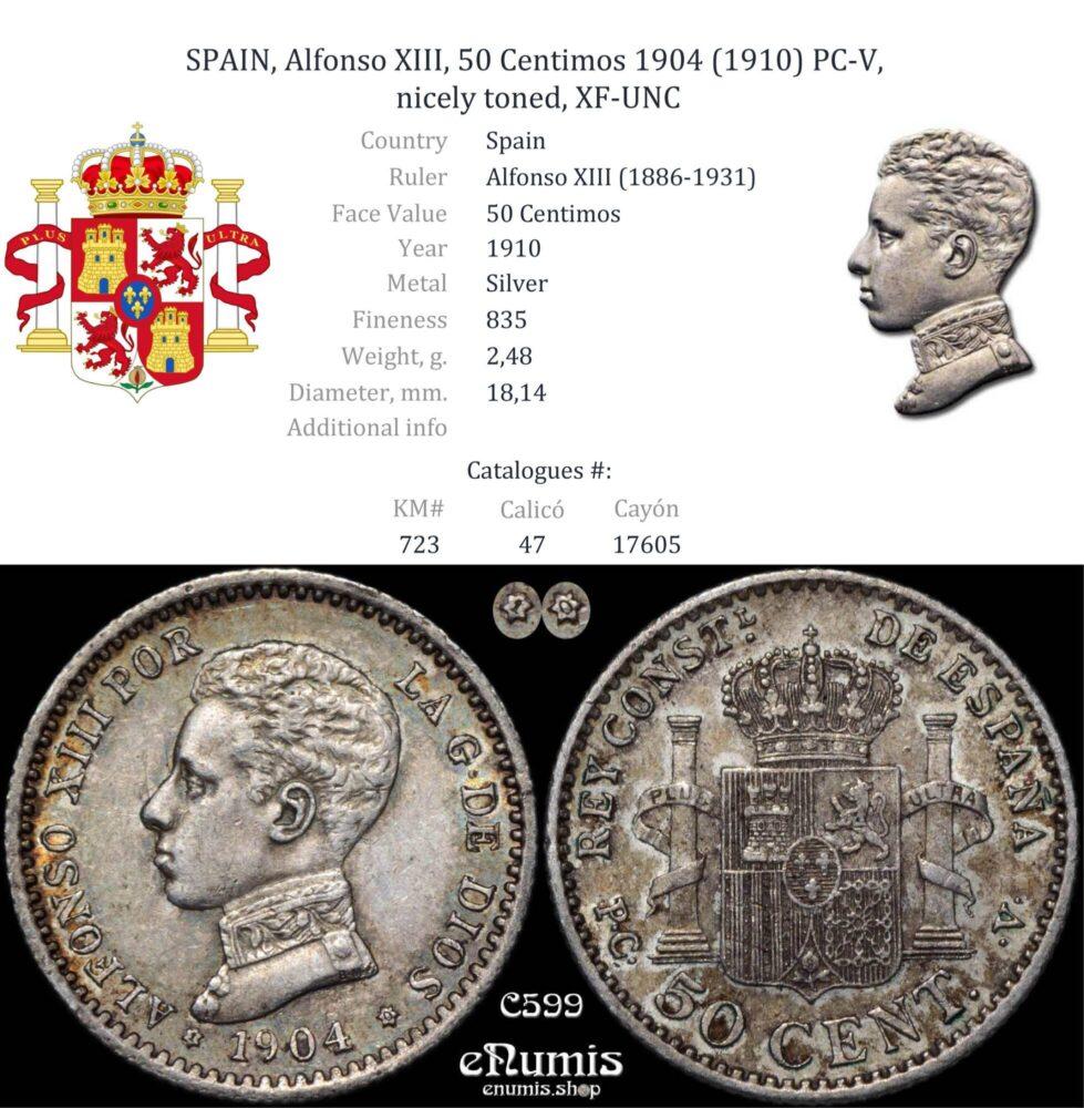 SPAIN, Alfonso XIII, 50 Centimos 1904 (1910) PC-V, nicely toned, XF-UNC