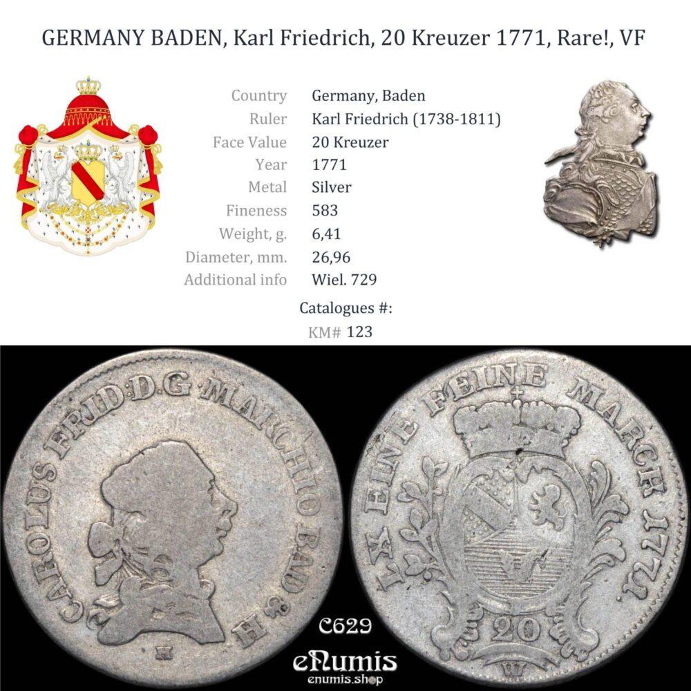 GERMANY BADEN, Karl Friedrich, 20 Kreuzer 1771, Rare!, VF GERMANY BADEN, Karl Friedrich, 20 Kreuzer 1771, Rare!, VF