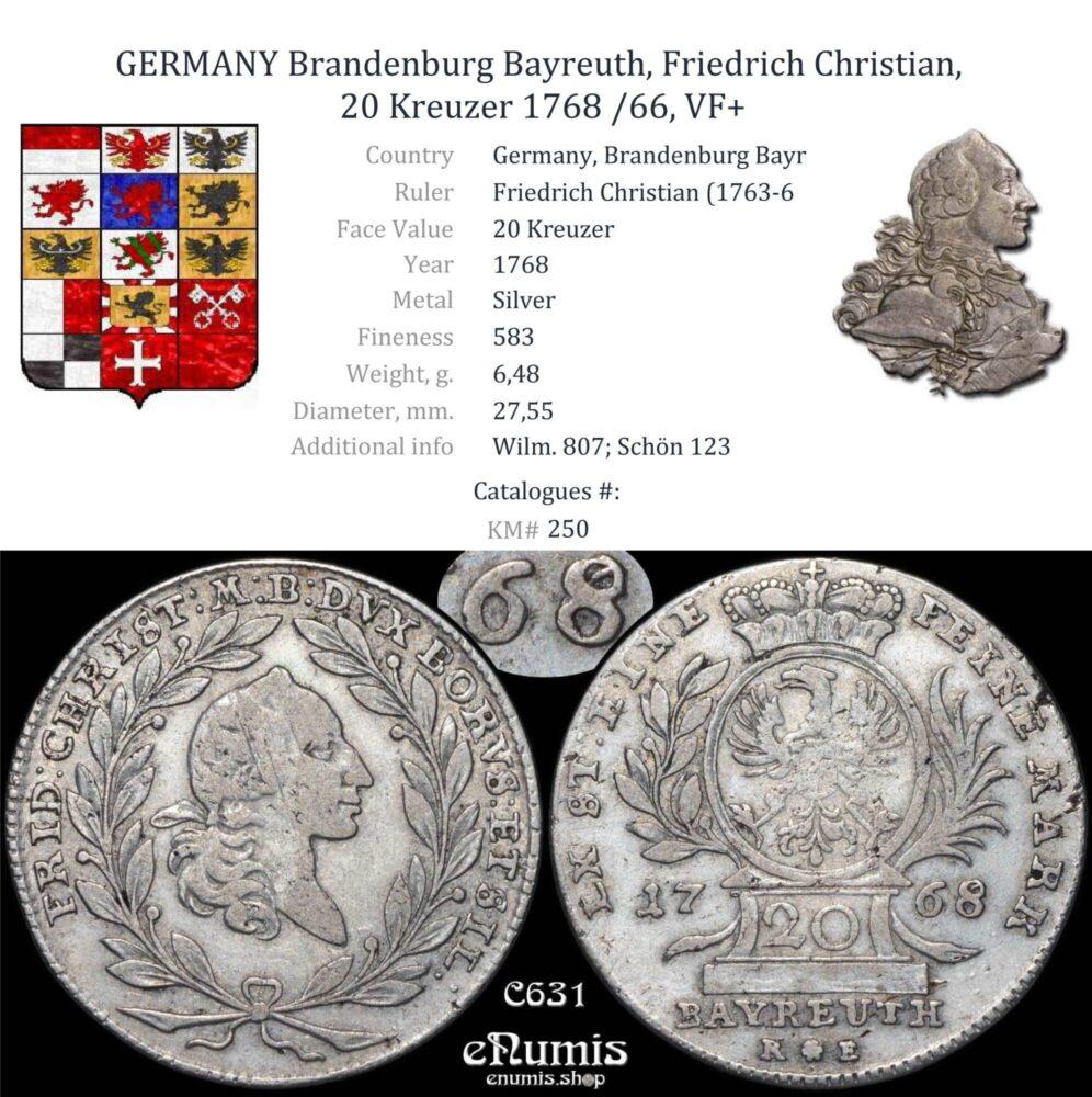 GERMANY Brandenburg Bayreuth, Friedrich Christian, 20 Kreuzer 1768 /66, VF+