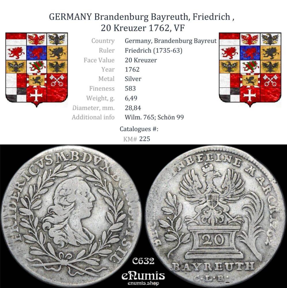 GERMANY Brandenburg Bayreuth, Friedrich, 20 Kreuzer 1762, VF