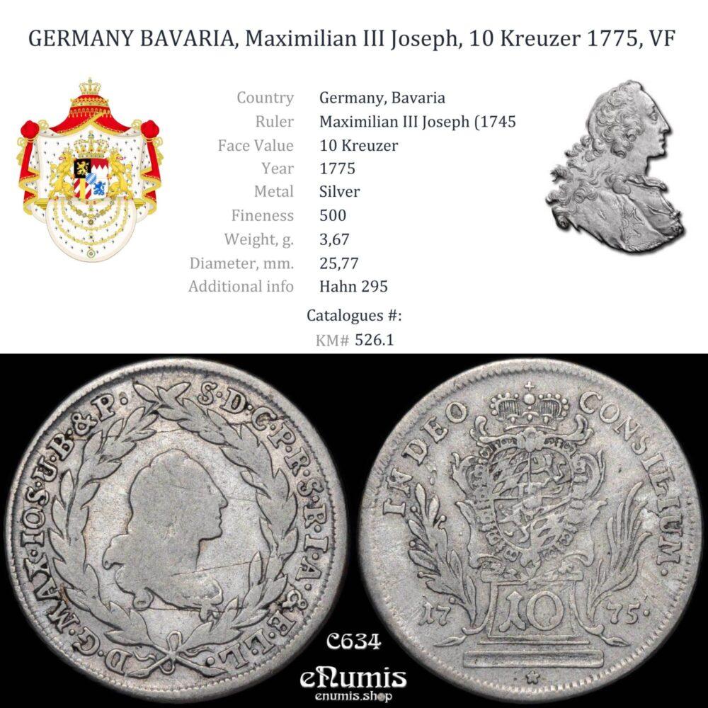 GERMANY BAVARIA, Maximilian III Joseph, 10 Kreuzer 1775, VF