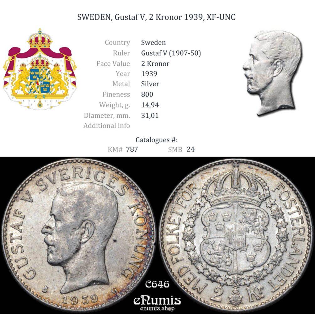 SWEDEN, Gustaf V, 2 Kronor 1939, XF-UNC