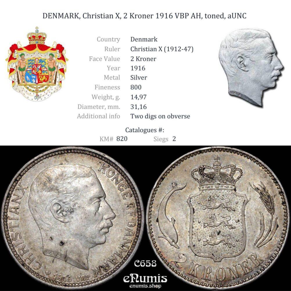 DENMARK, Christian X, 2 Kroner 1916 VBP AH, toned, aUNC DENMARK, Christian X, 2 Kroner 1916 VBP AH, toned, aUNC