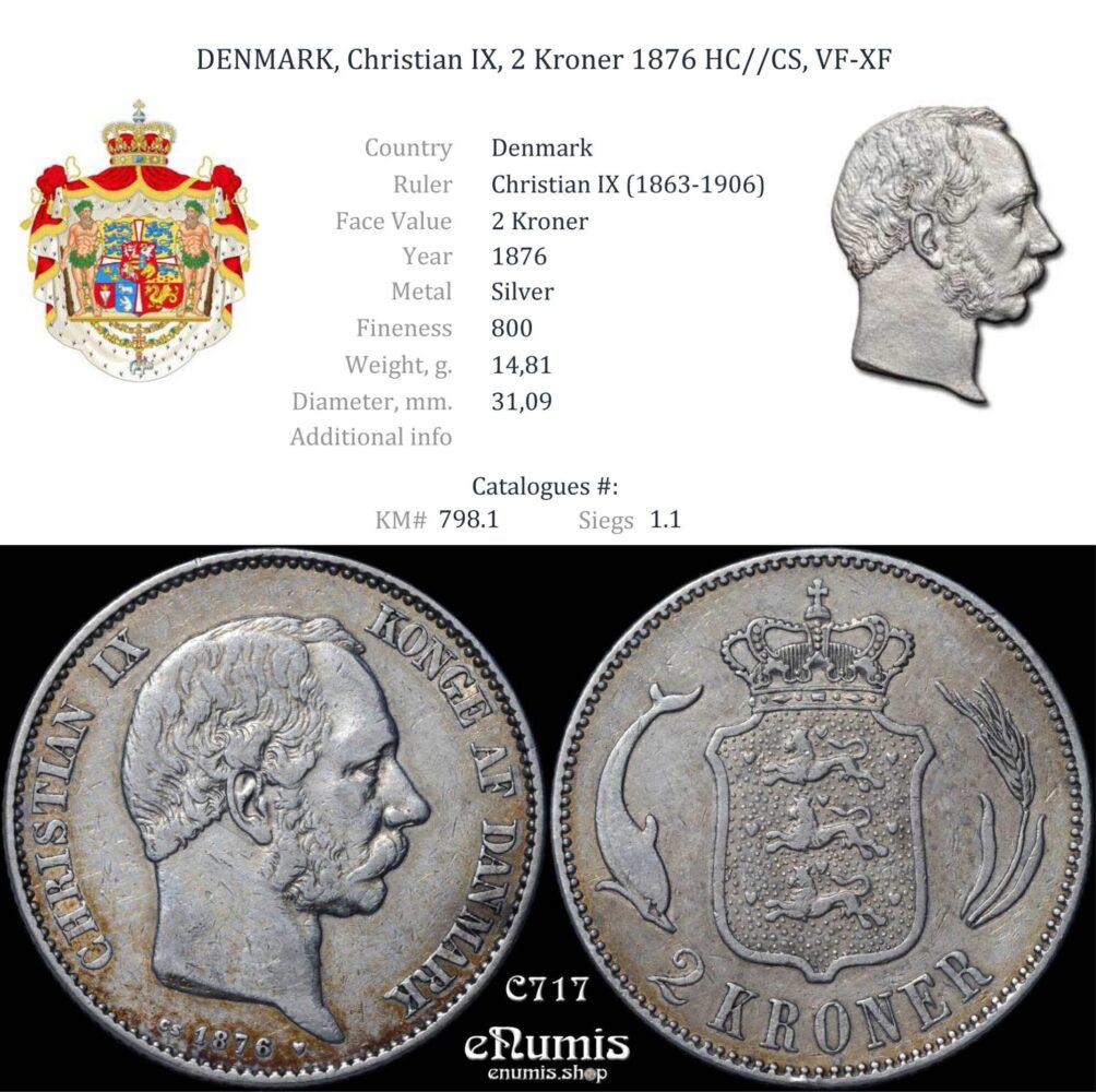 DENMARK, Christian IX, 2 Kroner 1876 HC//CS, VF-XF