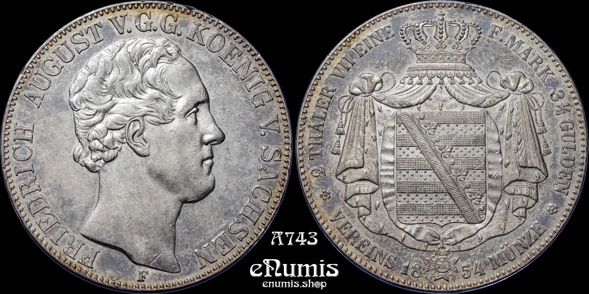 GERMANY SAXONY, Friedrich August II, 2 Taler 1854, toned, XF-UNC