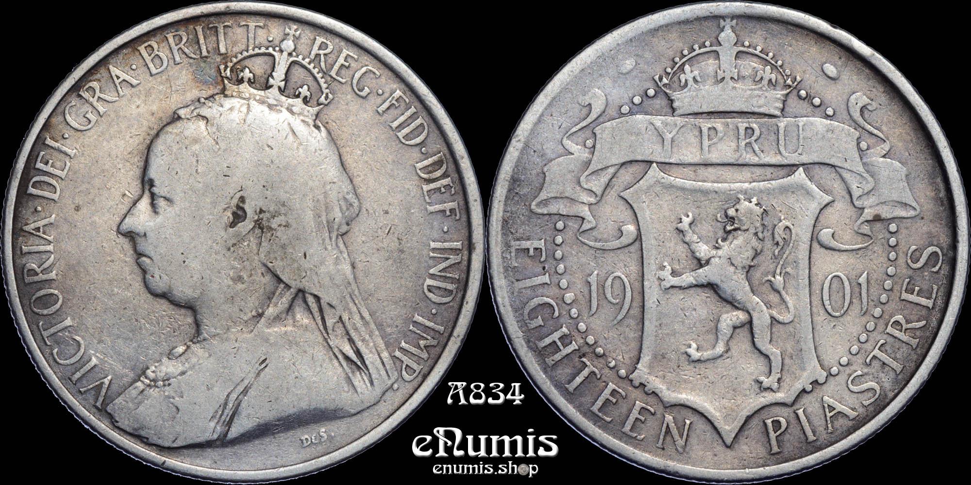 CYPRUS, Victoria, 18 Piastres 1901, VF+ CYPRUS, Victoria, 18 Piastres 1901, VF+