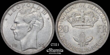 BELGIUM, Leopold III, 20 Francs 1935, Position B, UNC