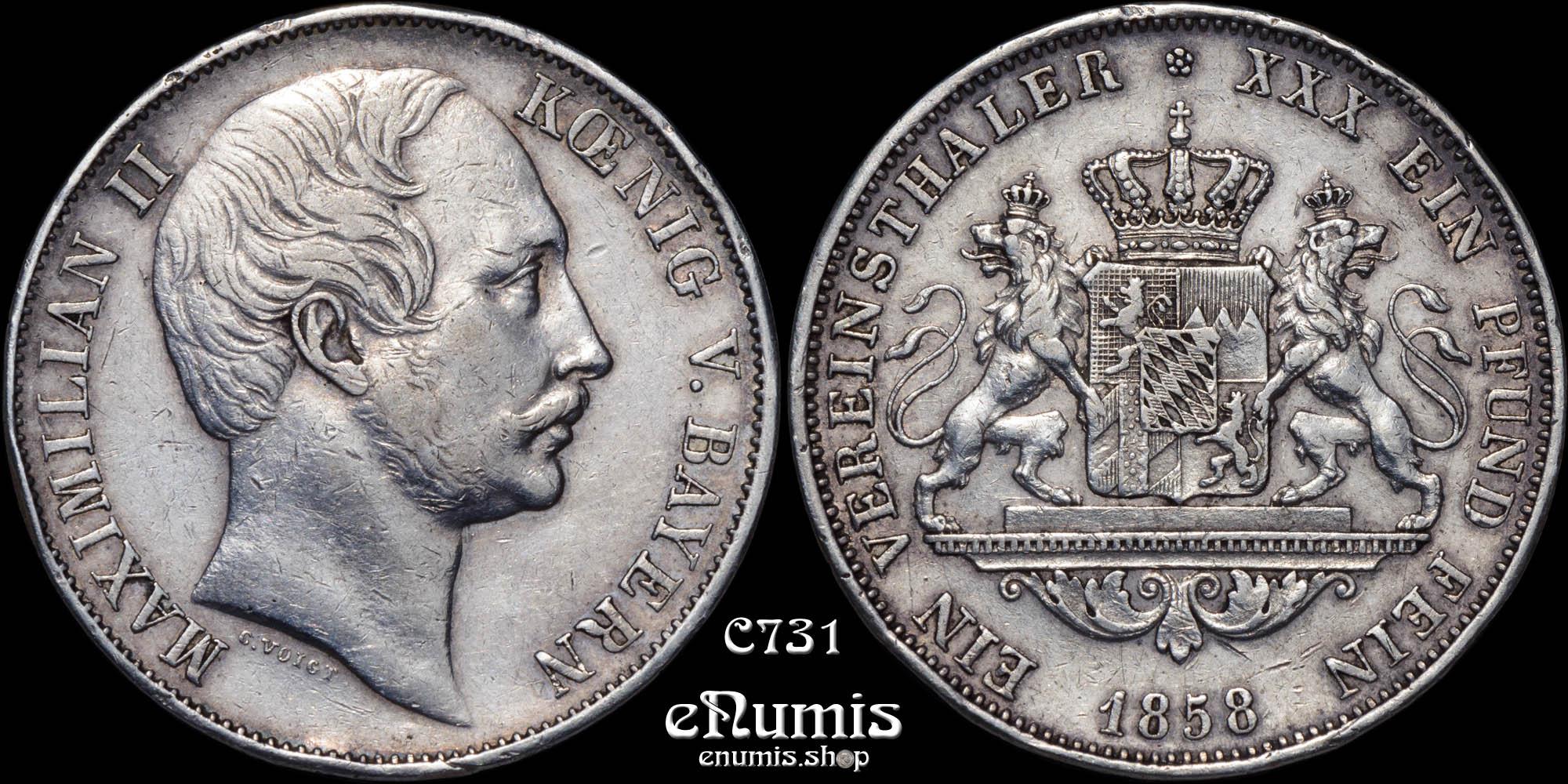 GERMANY BAVARIA, Maximilian II, Taler 1858, VF-XF