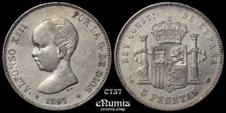SPAIN, Alfonso XIII, 5 Pesetas 1891 PG-M, XF+