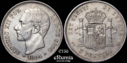SPAIN, Alfonso XII, 5 Pesetas 1884 MS-M, XF+