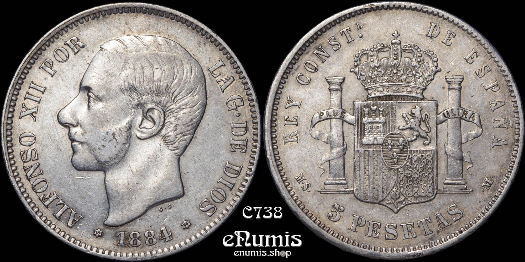 SPAIN, Alfonso XII, 5 Pesetas 1884 MS-M, XF+
