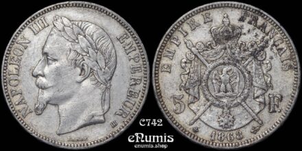 FRANCE, Napoleon III, 5 Francs 1868 BB, Strasbourg, aXF