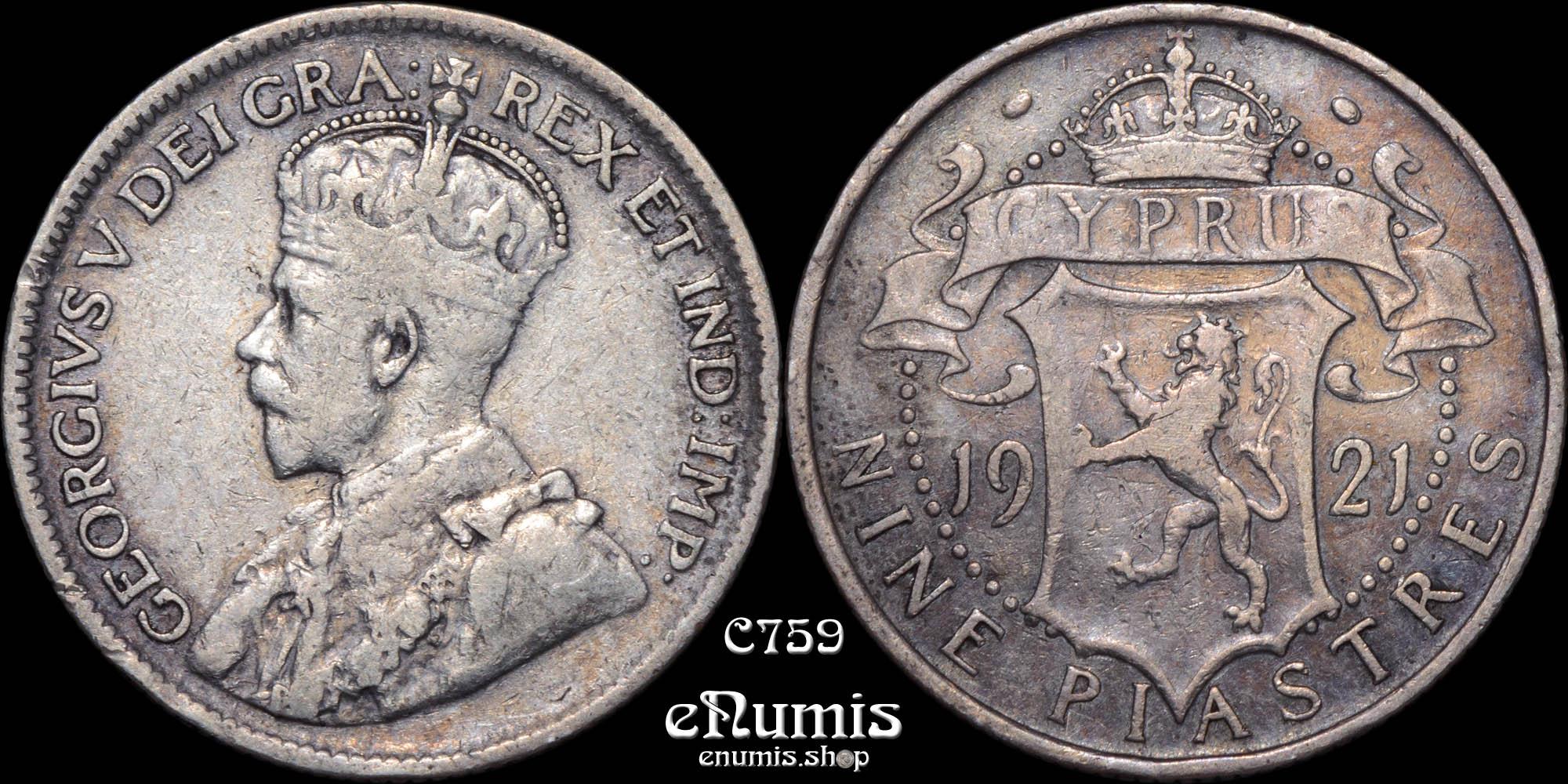 CYPRUS, George V, 9 Piastres 1921, toned, VF CYPRUS, George V, 9 Piastres 1921, toned, VF