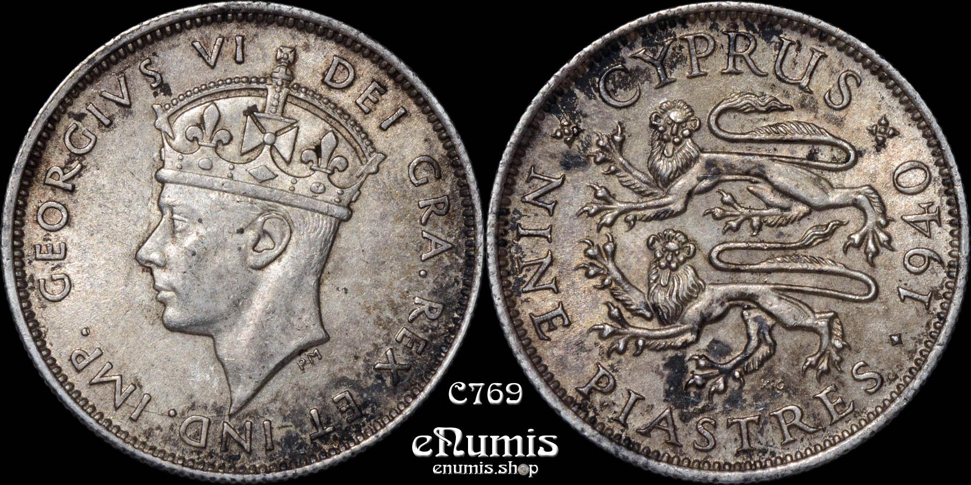CYPRUS, George VI, 9 Piastres 1940, UNC