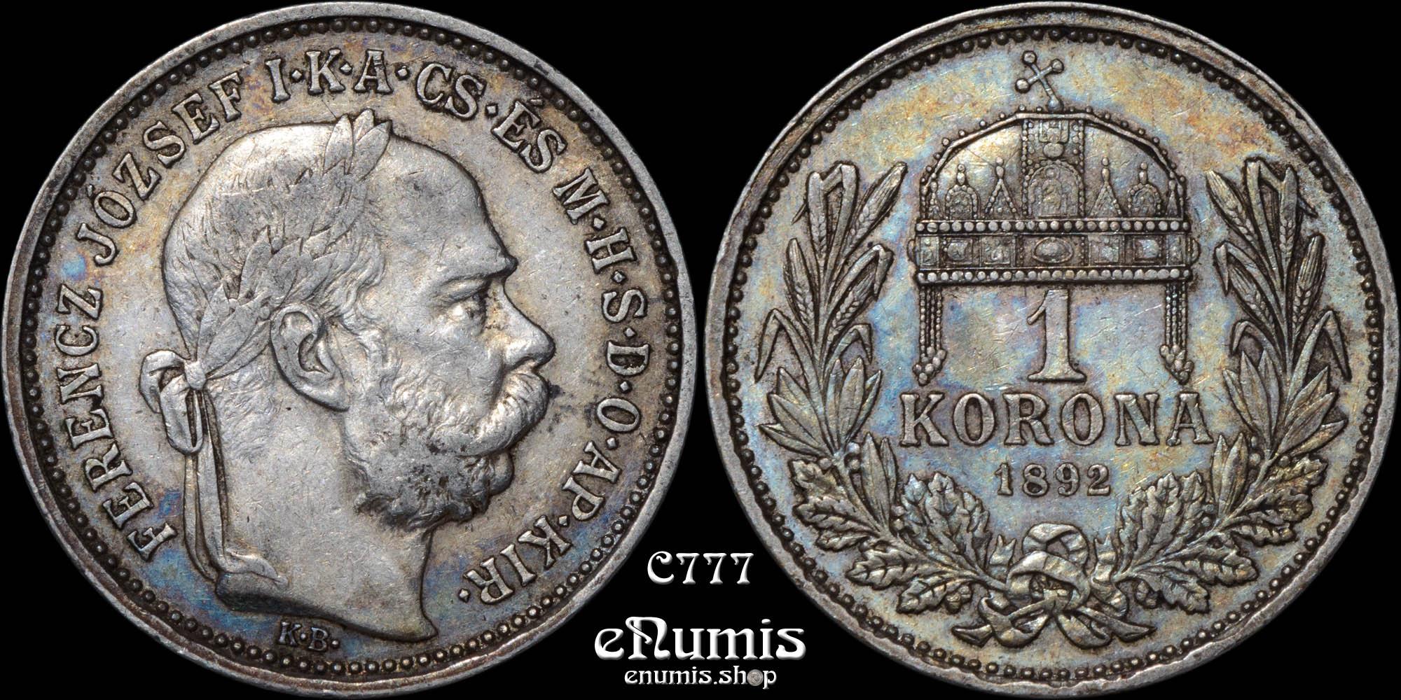 HUNGARY, Franz Joseph I, 1 Korona 1892, Rare!, nicely toned, XF/XF+