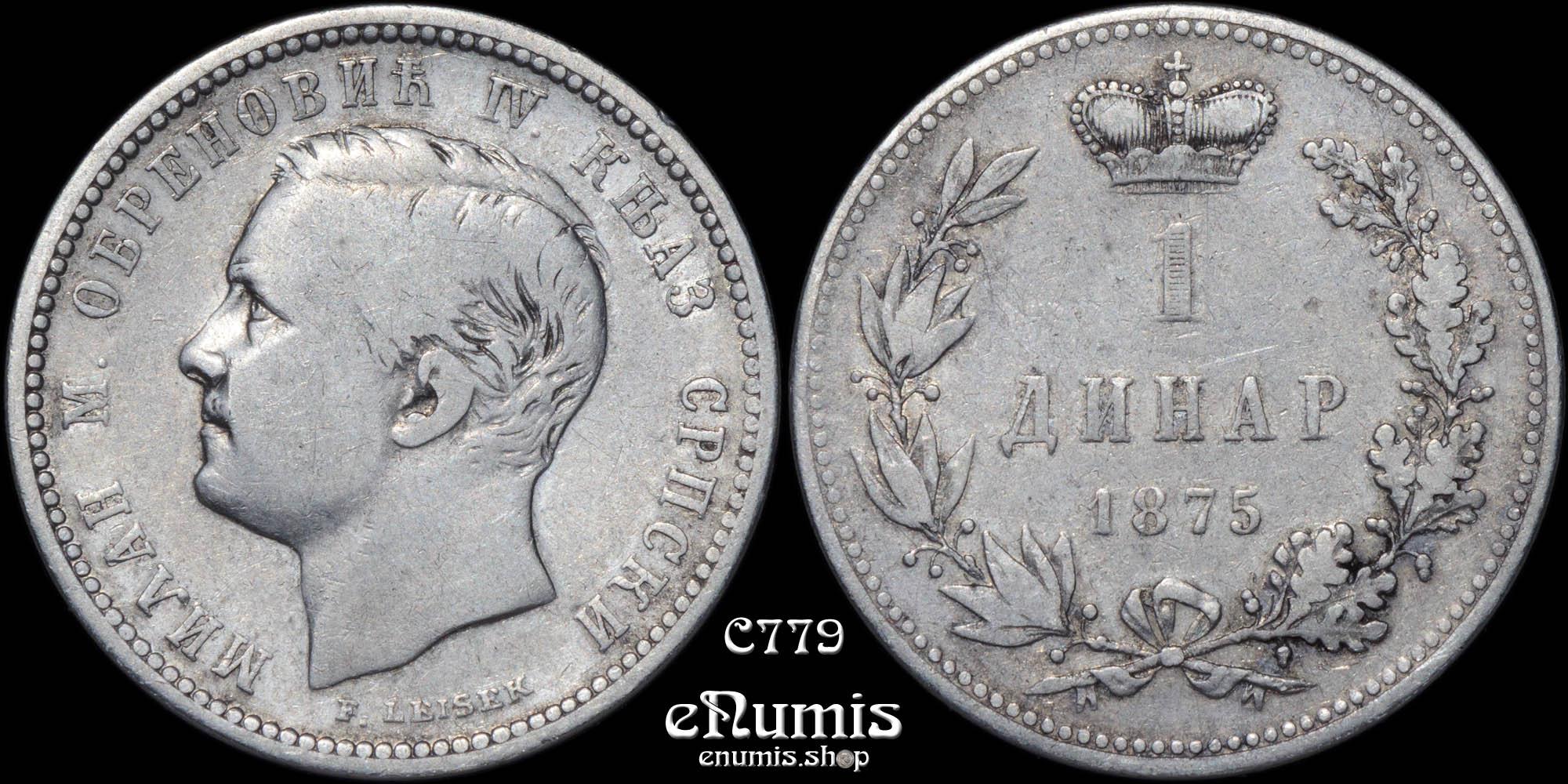 SERBIA, Milan IV, 1 Dinar 1875, scarce, VF