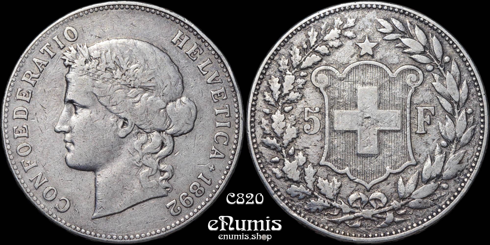 SWITZERLAND, 5 Francs 1892 B, VF SWITZERLAND, 5 Francs 1892 B, VF