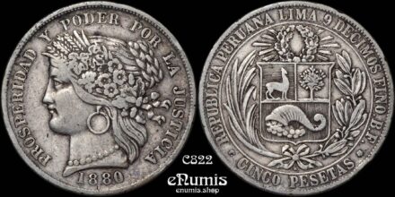PERU, 5 Pesetas 1880 B., VF+