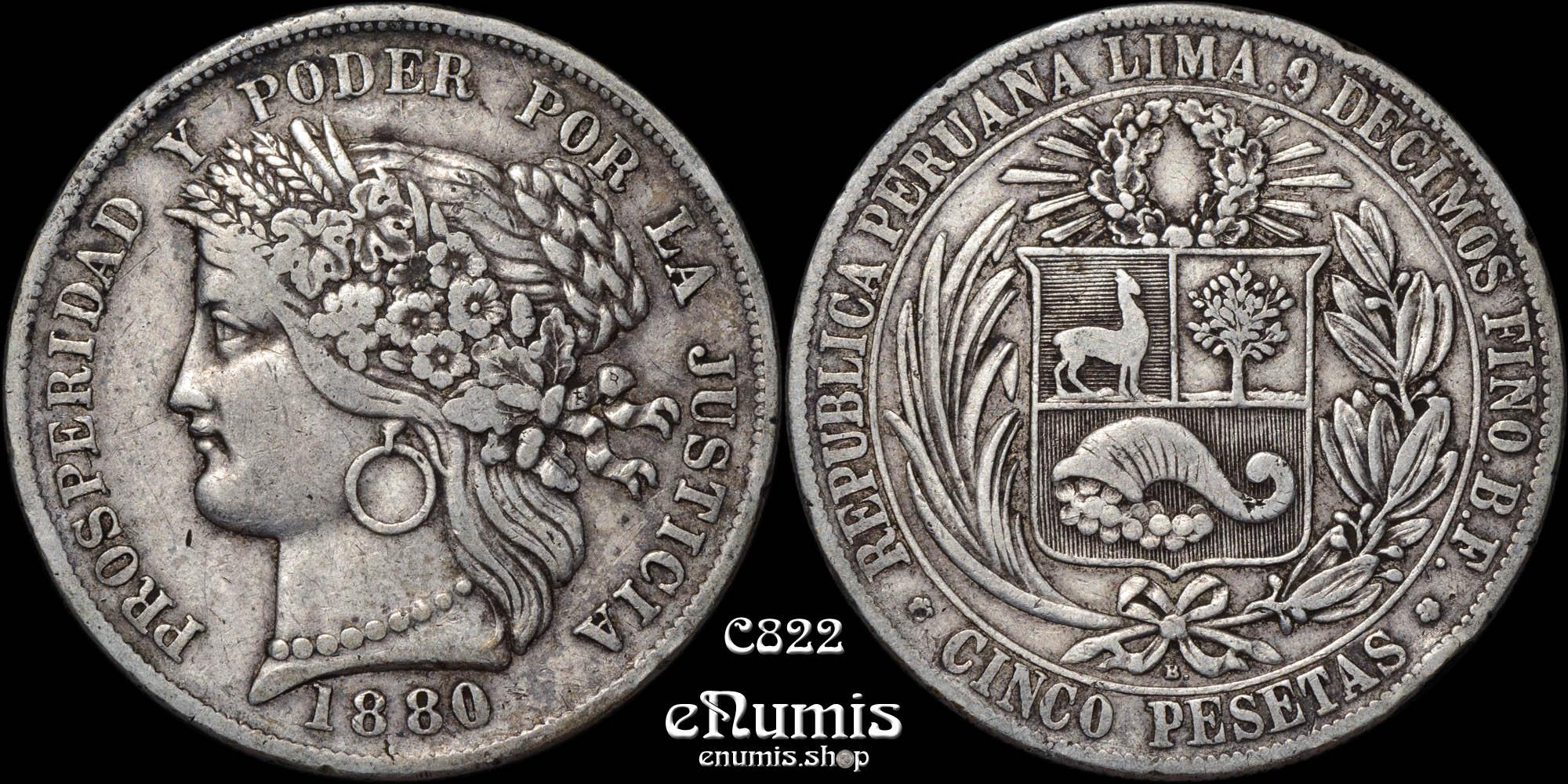 PERU, 5 Pesetas 1880 B., VF+ PERU, 5 Pesetas 1880 B., VF+