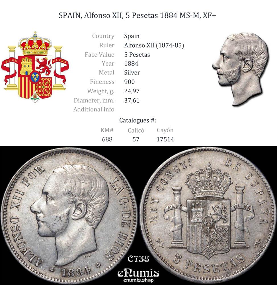 SPAIN, Alfonso XII, 5 Pesetas 1884 MS-M, XF+