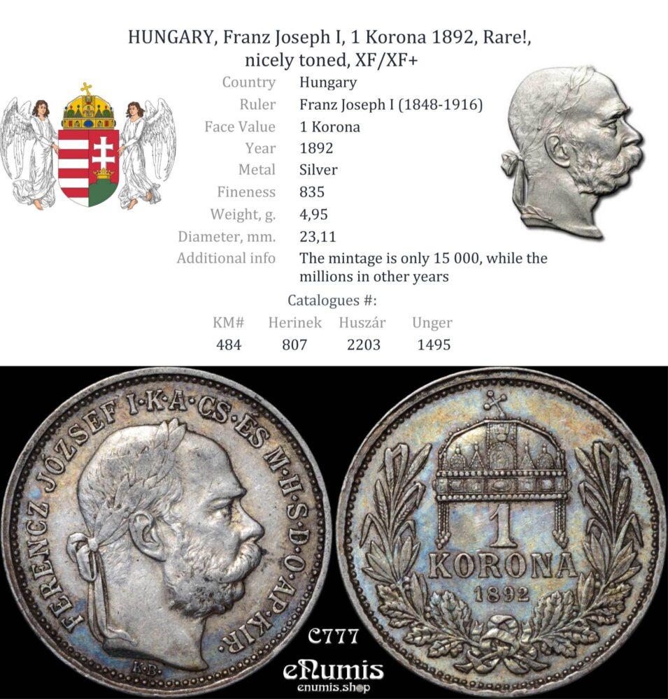 HUNGARY, Franz Joseph I, 1 Korona 1892, Rare!, nicely toned, XF/XF+