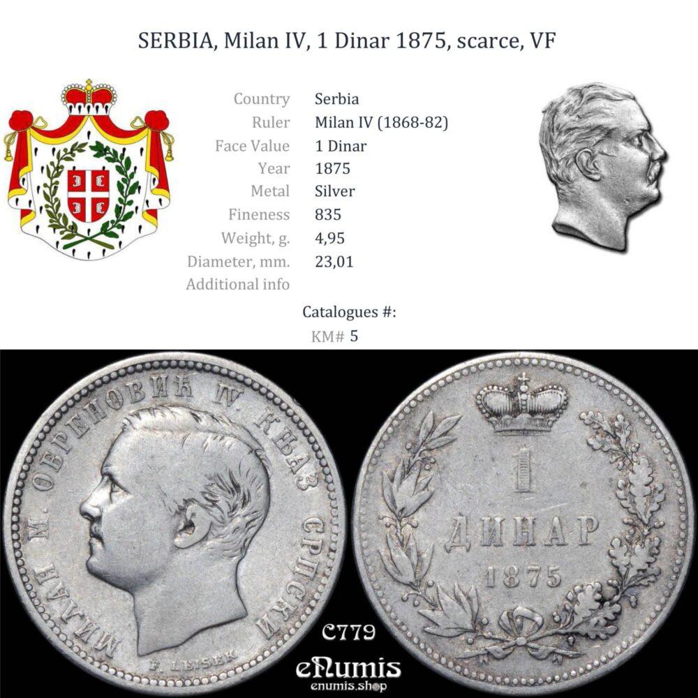 SERBIA, Milan IV, 1 Dinar 1875, scarce, VF