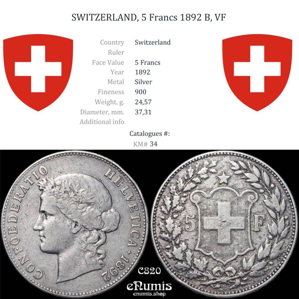 SWITZERLAND, 5 Francs 1892 B, VF SWITZERLAND, 5 Francs 1892 B, VF