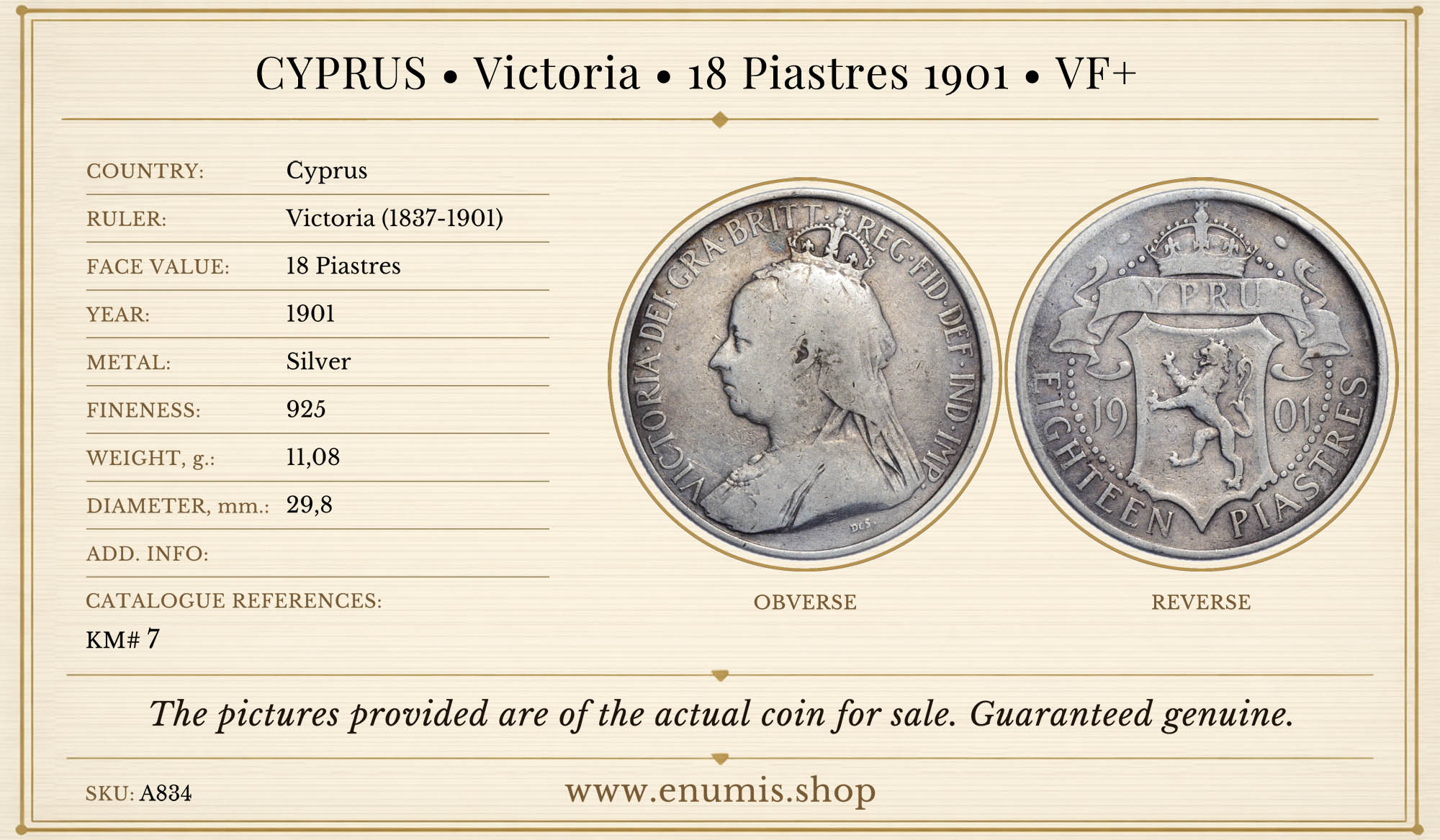 CYPRUS, Victoria, 18 Piastres 1901, VF+ CYPRUS, Victoria, 18 Piastres 1901, VF+