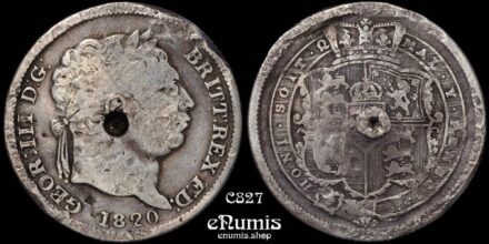 Great Britain, George III, Shilling 1820, RARE!, 20 over 20, holed, Fine+