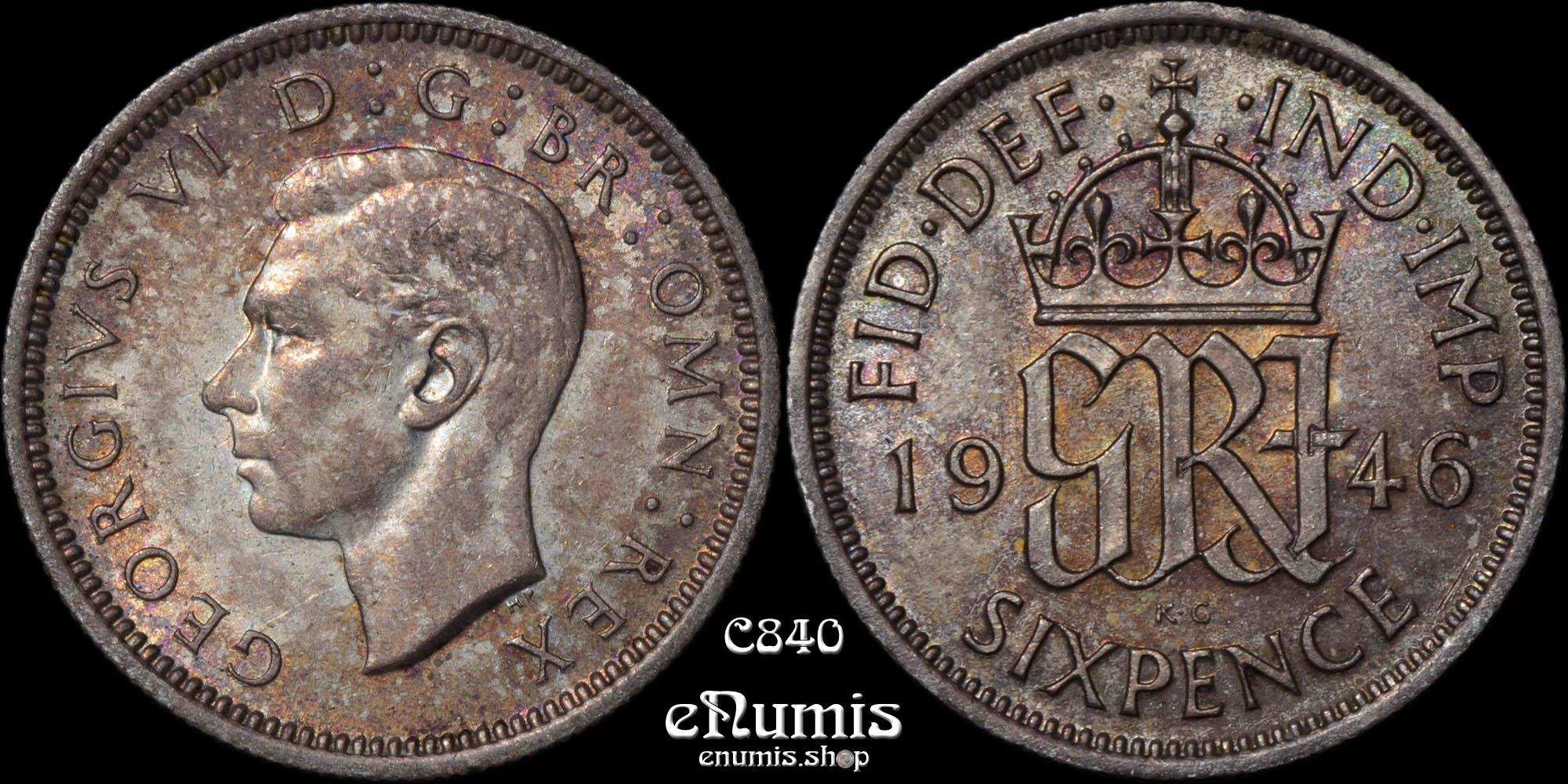 Great Britain, George VI, Sixpence 1946, toned, silver, aUNC Great Britain, George VI, Sixpence 1946, toned, silver, aUNC