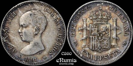 SPAIN, Alfonso XIII, 1 Peseta 1891 PG-M, toned, XF+